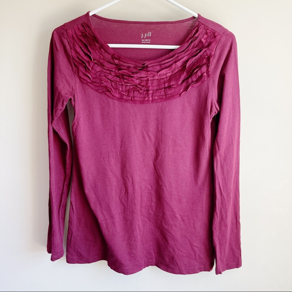 J Jill Burgundy Silk Tiers Tee T-shirt Blouse